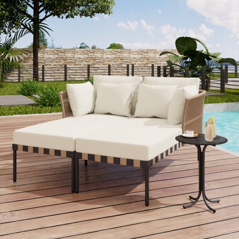 Ensemble table et chaises de jardin, avec 2 canapés, 1 table basse, 4 coussins amovibles, chaises longues d'extérieur pour jardins et balcons - Beige