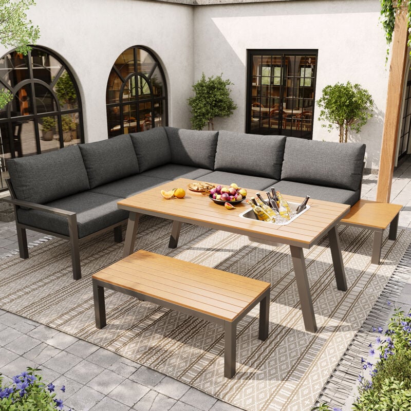 Ensemble table et chaises de jardin pour 6-7 personnes, structure en fer galvanisé, plateau avec seau à glace, pour balcon, gris