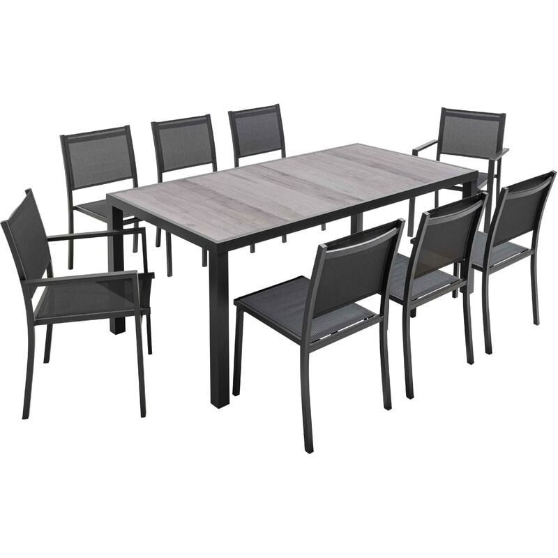 Ensemble table de jardin et 8 fauteuils effet bois grisé - Tivoli