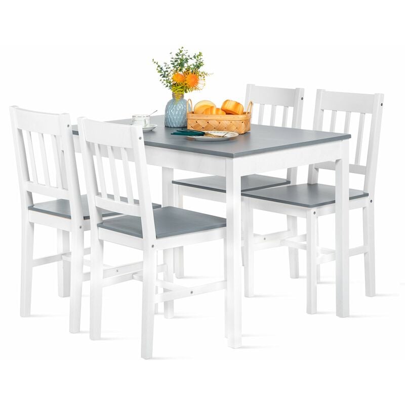 Ensemble de Table et Chaises en Pin Pur - 1 Table et 4 Chaises Assorties Gris et Blanc