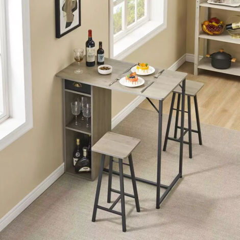 Ensemble table et chaises de salle à manger 3 pièces polyvalent, avec tiroir de rangement et étagère à 3 niveaux, gain de place optimal (gris)