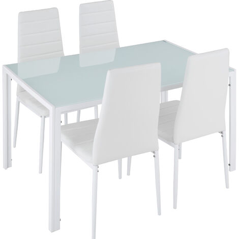 Tectake – Ensemble table et chaises de salle à manger 5 pièces – Acier blanc – Plateau en verre de sécurité – Dossier haut pour confort