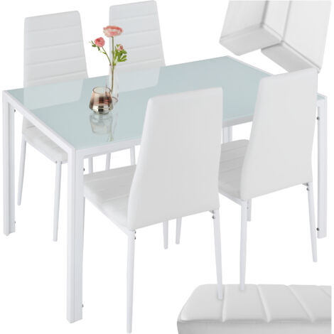 Tectake – Ensemble table et chaises de salle à manger 5 pièces – Acier blanc – Plateau en verre de sécurité – Dossier haut pour confort