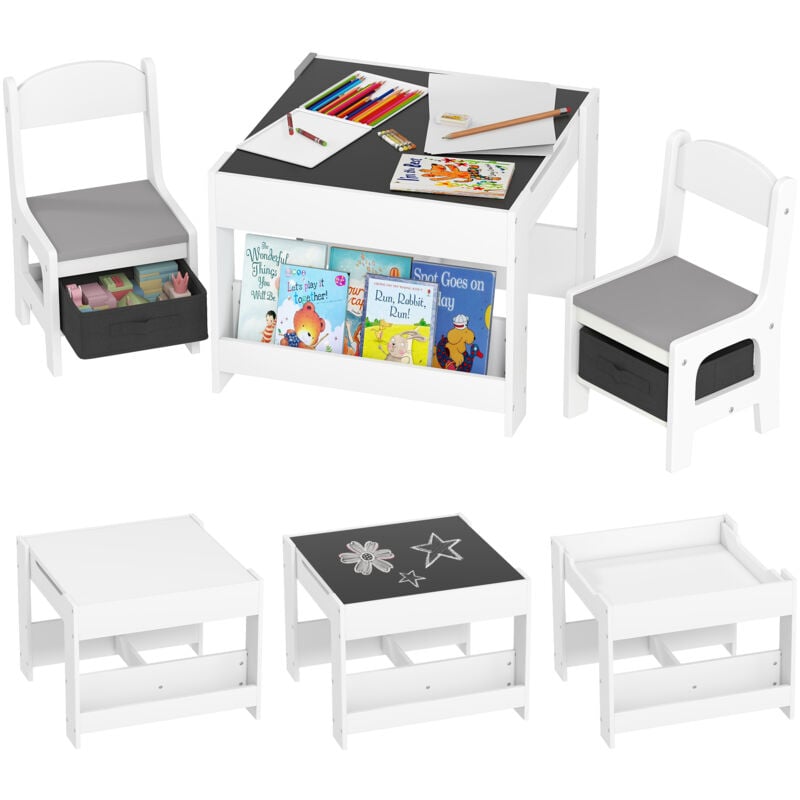 Ensemble table et chaises enfant - 3 pcs - plateau table réversible tableau noir - rangements - étagère - blanc gris