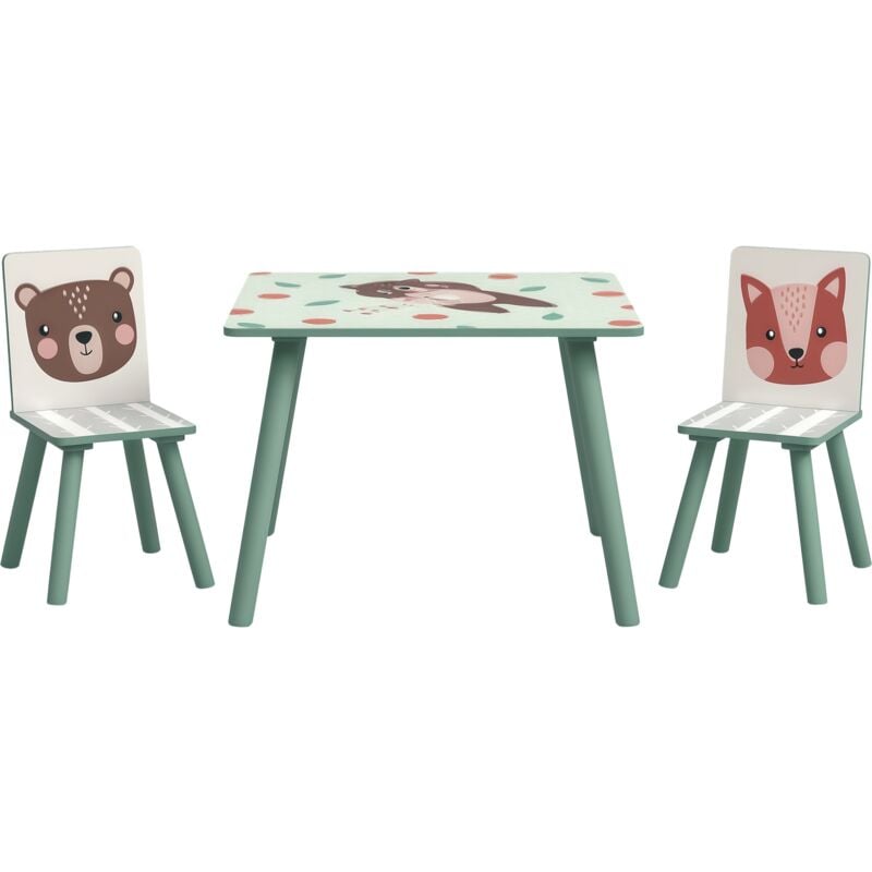 Ensemble table et chaises enfant design animaux de la forêt - table carrée + 2 chaises - bois pin mdf vert