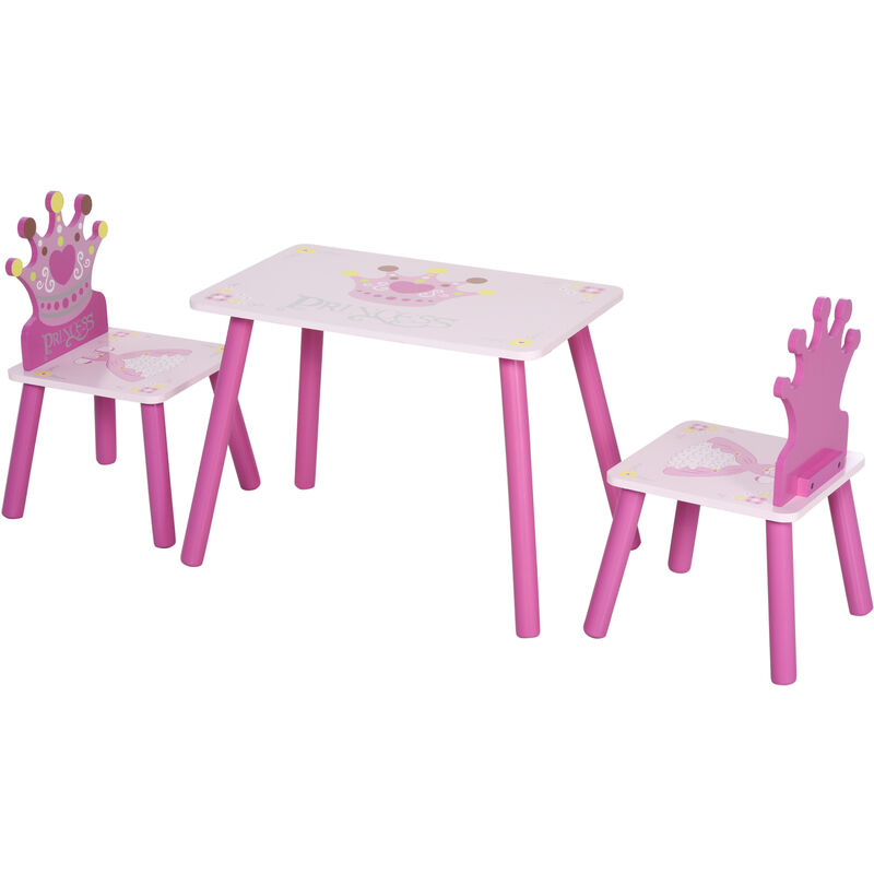 Homcom - Ensemble table et chaises enfant design princesse motif couronne bois pin MDF rose - Rose