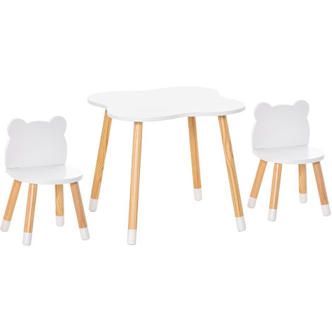 Ensemble table et chaises enfant design scandinave motif ourson bois pin MDF blanc - Blanc
