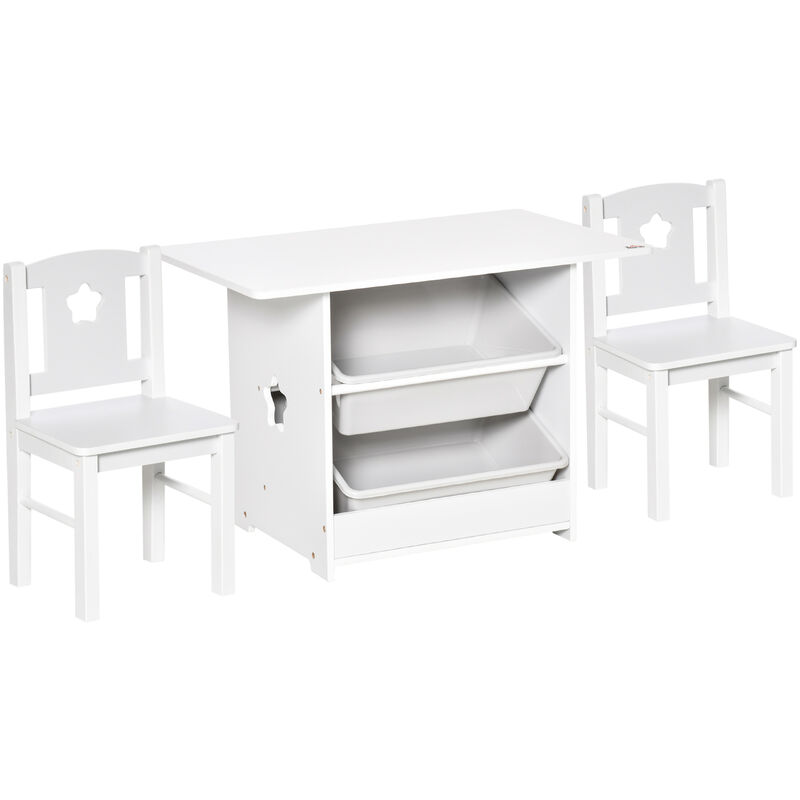 Homcom - Ensemble table et chaises enfant - set de 3 pièces + 2 bacs amovibles - table étagère pour jouets 2 en 1 - mdf pp blanc gris