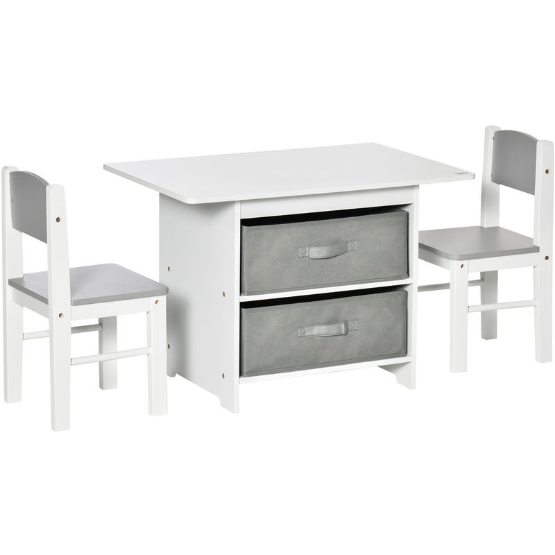 Homcom - Ensemble table et chaises enfant - set de 3 pièces + 2 tiroirs non tissés - table étagère pour jouets 2 en 1 - mdf blanc gris