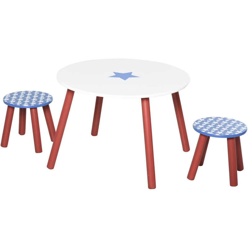 Homcom - Ensemble table et chaises enfant - table ronde + 2 tabourets - motif étoilé - bois pin MDF bleu blanc