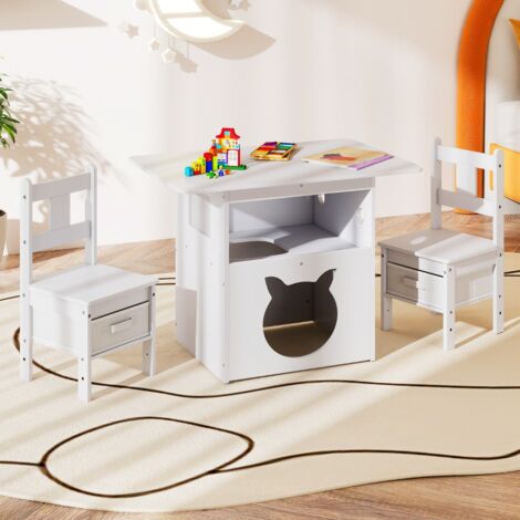 Ensemble Table et Chaises Enfants Mobilier 2-en-1 avec Maison de Chat Trou pour Chat Fenêtre Transparente 2 Chaises pour 3 Ans +Blanc