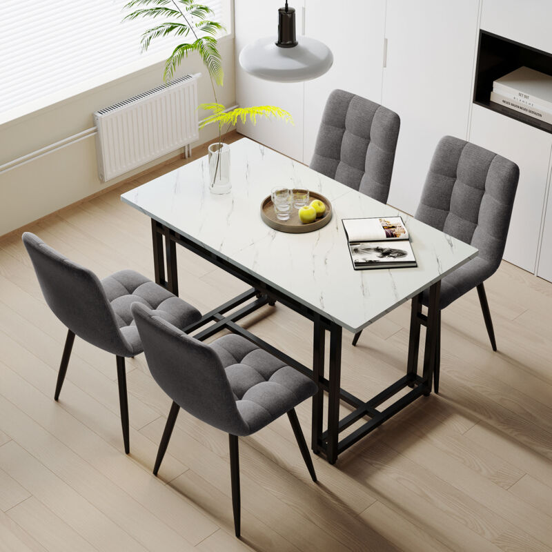 Modfu - Ensemble table et chaises, placage marbre, mdf, table à manger 120x70x74cm, pieds noirs, 4 chaises en lin gris foncé