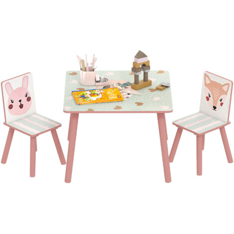 Ensemble table et chaises pour enfants – Motif animaux – Dimensions table 60x60x44cm – Pieds en bois de pin – Couleur rose