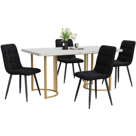 Ensemble table et chaises - Salle à manger 5 pièces: table 140x80cm MDF blanc/pieds doré + 4 chaises velours noir - Moderne