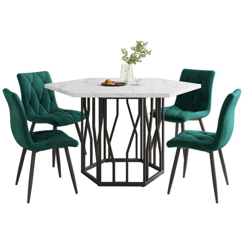 Fairwhale - Ensemble table et chaises - Table hexagonale marbre + 4 chaises velours vert - 5 pièces salle à manger moderne
