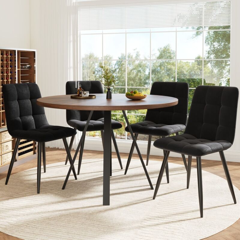 Ensemble table ronde 80cm MDF noyer avec 4 chaises velours noir – Hauteur 75cm – Pour petits espaces modernes