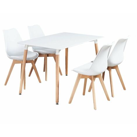 Ensemble table et chaises scandinave 5 pièces – Table blanche 120x80cm – 4 chaises similicuir rembourrées – Design rétro moderne – Pn Home