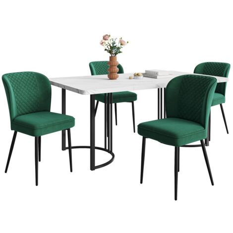 Ensemble table et chaises - Table 140x80x75cm MDF blanc, pieds noirs + 4 chaises velours vert foncé