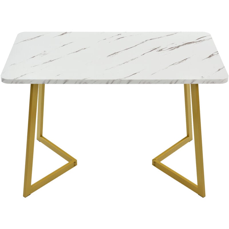 Table à manger blanc 117 x 68 x 75 cm, table à manger rectangulaire avec pieds dorés, aspect marbre