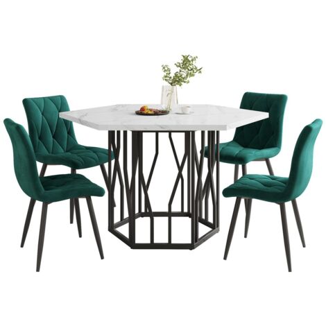 Ensemble table et chaises - Table hexagonale marbre + 4 chaises velours vert - 5 pièces salle à manger moderne