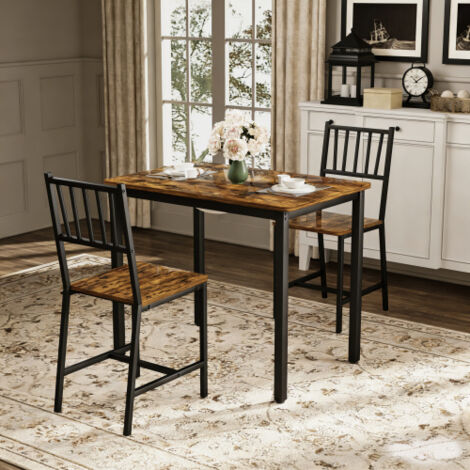 Ensemble table et chaises - table rectangulaire 90x60x75 cm et 2 chaises marron avec pieds en métal noir