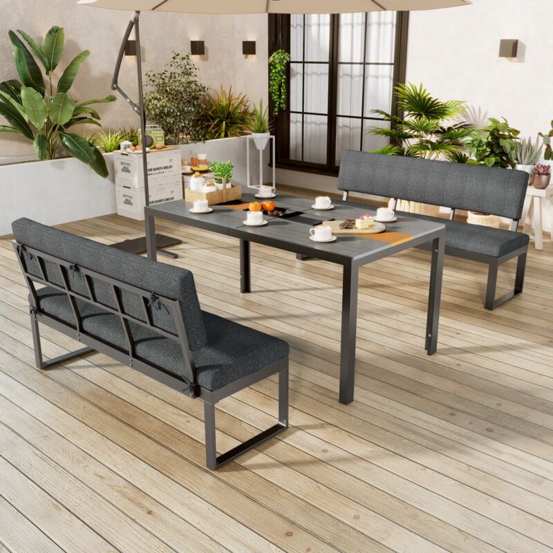Ensemble table et chaises,table à manger et 2 chaises longues en aluminium,avec dossier et coussin amovible et lavable,dessus de table en bois
