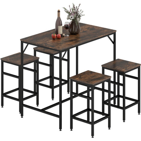 Ensemble table et tabourets de bar 5 pièces, ensemble table de bar de cuisine avec table haute et 4 tabourets, mobilier de salle à manger compact et peu encombrant pour petits espaces, marron rustique