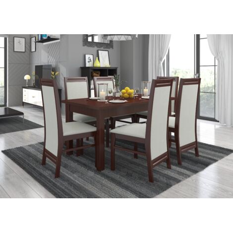 Ensemble table extensible 140-180cm et 6 chaises bois Noyer foncé et beige clair Komba