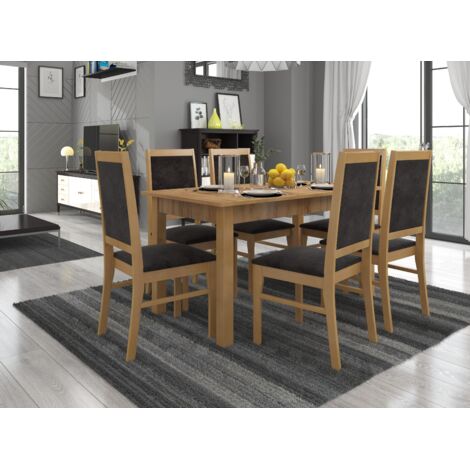 Ensemble table extensible 140-180cm et 6 chaises en bois naturel et tissu noir Klarika