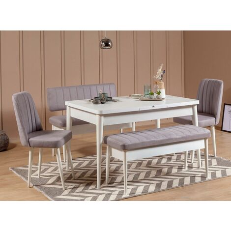 Ensemble table extensible 2 chaises et 2 bancs bois blanc et tissu gris Mariva