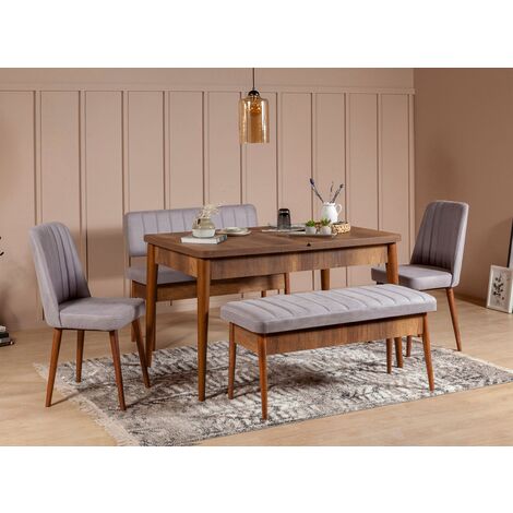 Ensemble table extensible 2 chaises et 2 bancs bois marron et tissu gris Mariva