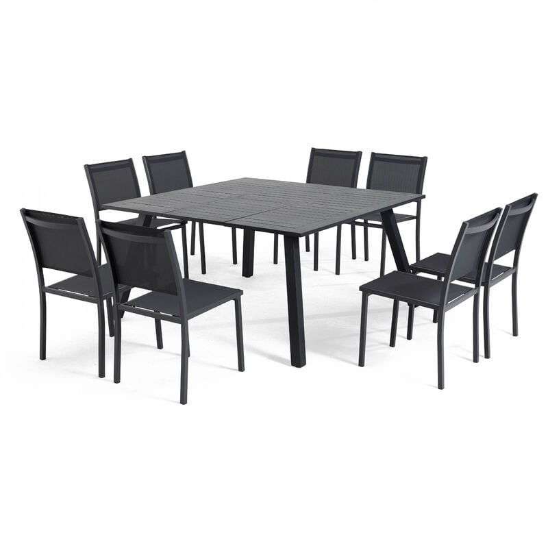 Salon de jardin 8 places table extensible en aluminium gris