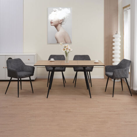 Ensemble table extensible naturel + 4 fauteuils velours gris - SCANDI