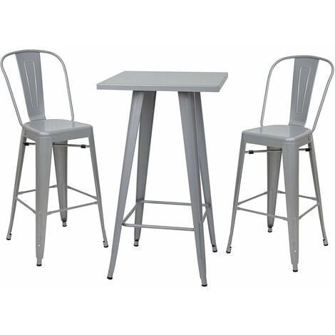 Ensemble table haute avec 2 tabourets de bar en métal gris style industriel TAB04010