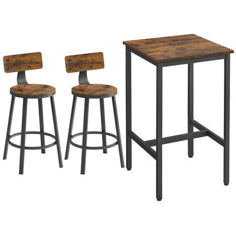 Ensemble Table Haute avec 2 Tabourets de Bar, Table de Bar Carrée, Table de Cuisine, Chaises de Bar, Chaise de Cuisine, Cadre en Métal, Montage Facile, Style Industriel, Marron Rustique et Noir