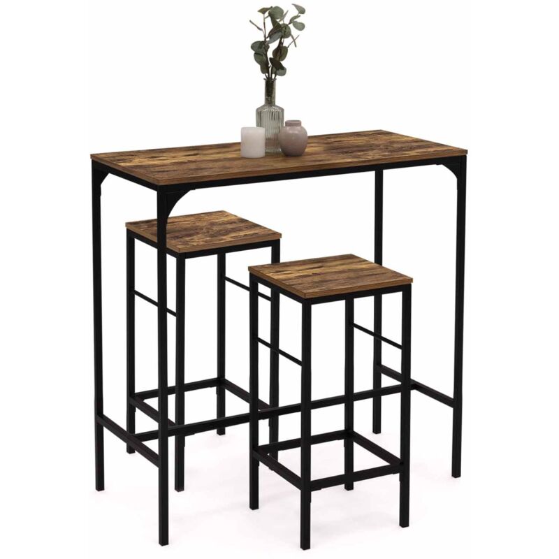 Ensemble table haute de bar dayton 95 cm et 2 tabourets effet vieilli design industriel