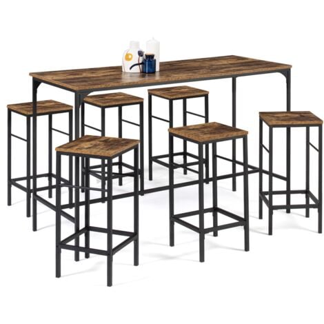 Ensemble table haute de bar DAYTON 150 cm et 6 tabourets effet vieilli design industriel