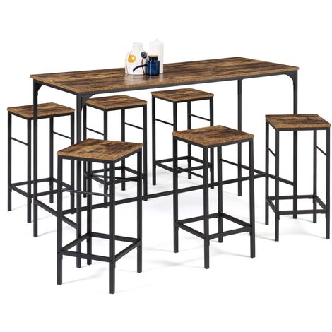 Ensemble table haute de bar DAYTON 150 cm et 6 tabourets effet vieilli design industriel - Bois-foncé