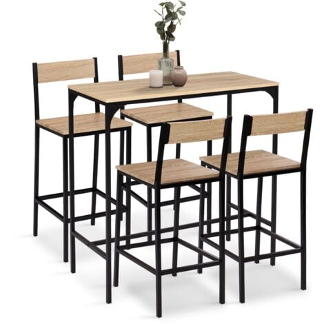 Ensemble table haute de bar DETROIT 100 cm et 4 chaises de bar design industriel