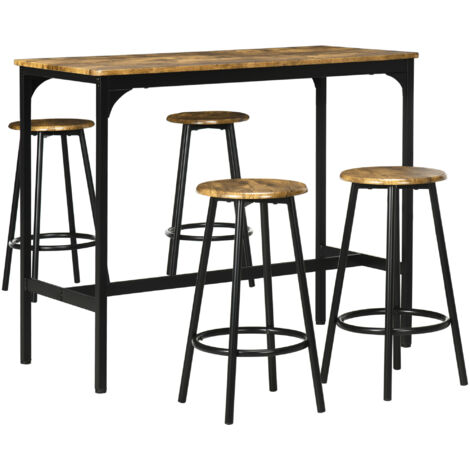 Ensemble table haute et 4 tabourets avec repose-pieds, métal noir aspect bois pour cuisine salle à manger