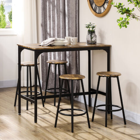Ensemble table haute et 4 tabourets de bar en MDF brun et métal noir, style industriel, 110x50x89,5 cm