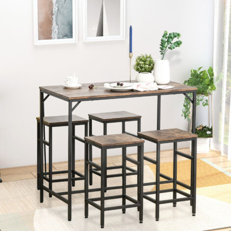 Ensemble table haute et 4 tabourets de bar, ensemble de table 5 pièces pour la cuisine, panneaux de particules/acier, marron rustique/noir, 100 x 60 x 88 cm