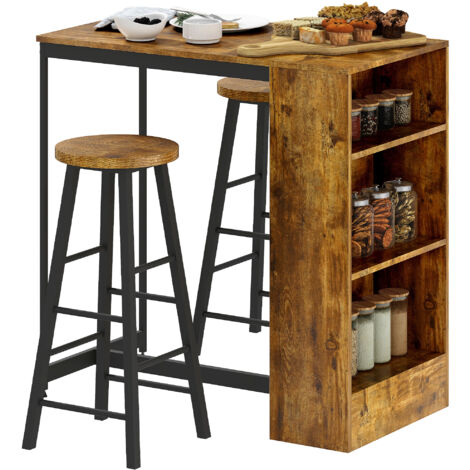 Ensemble Table Industrielle 3 Pièces, Table de Bar + Tabourets, Étagère Rangement, Brun Rustique