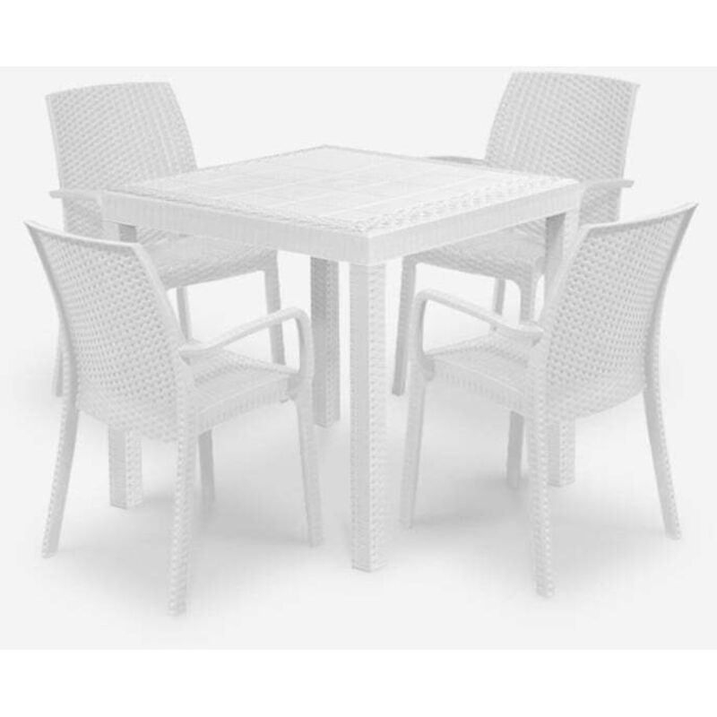 Salon de jardin table 80x80cm rotin + 4 chaises blanches Nisida Light
