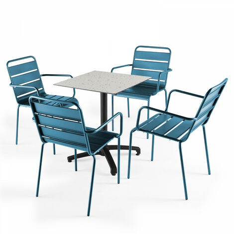 Ensemble table jardin stratifié terrazzo et 4 fauteuils bleu pacific