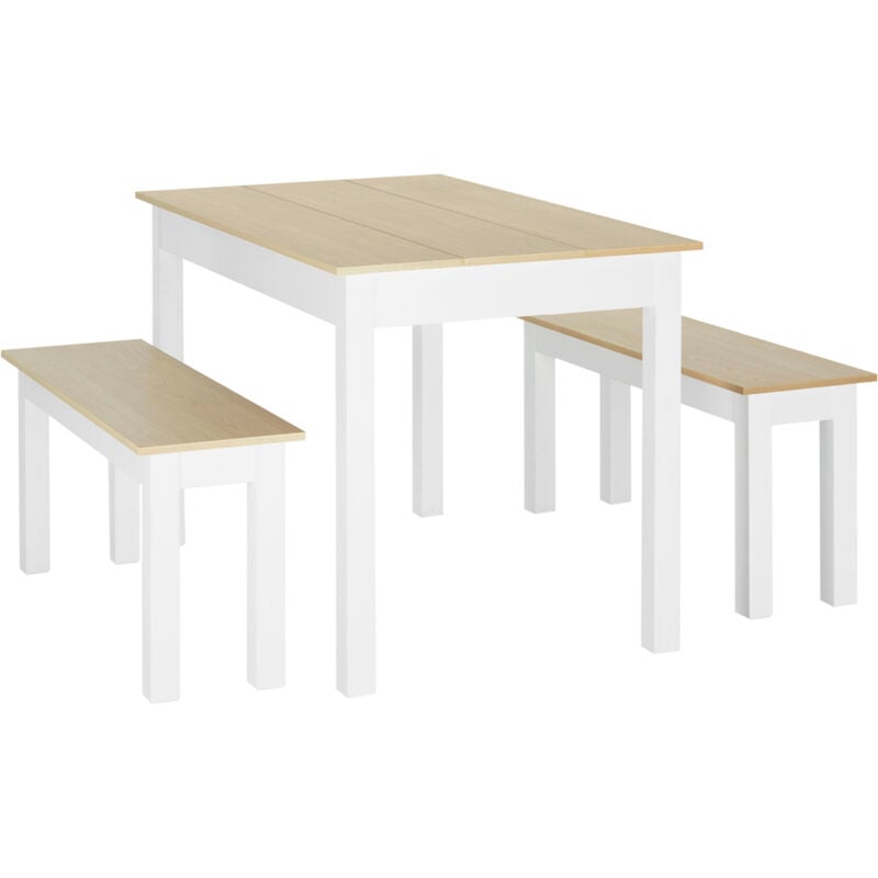 Ensemble table à manger 3 pièces - 2 bancs encastrables, grande table 4-6 personnes - blanc aspect bois clair