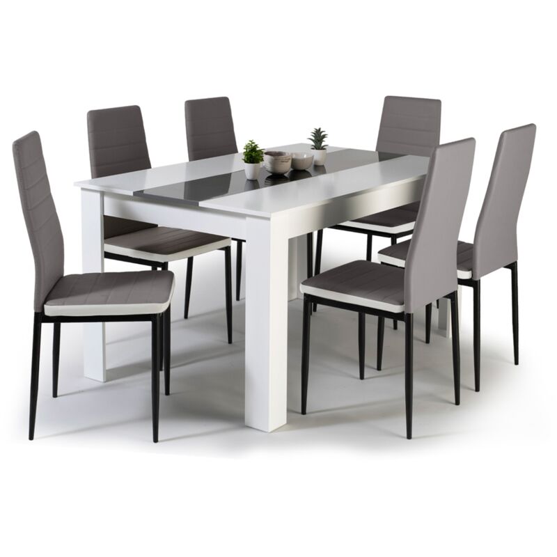 Ensemble table à manger georgia 140 cm blanche et grise et 6 chaises romane grises liseré blanc