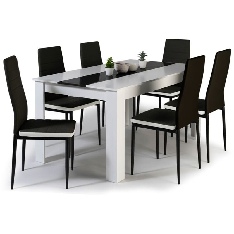 Ensemble table à manger georgia 140 cm blanche et noire et 6 chaises romane noires liseré blanc