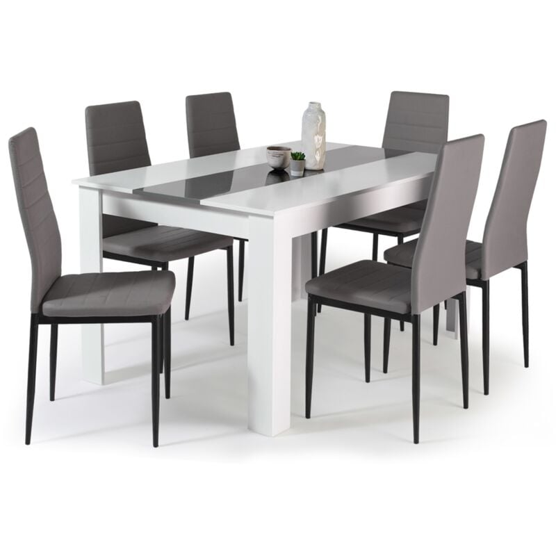 Ensemble table à manger georgia 140 cm blanche et grise et 6 chaises romane grises