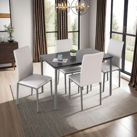 Ensemble table noir + 4 chaises en PU gris clair - MIRLEY